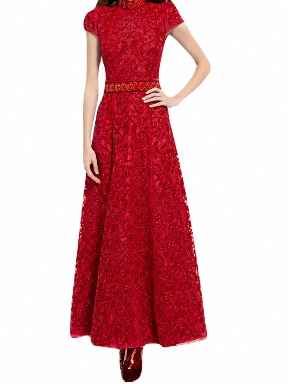 Alice + Olivia Red Mock Neck Embellished Nidia Short Sleeve Formal Gown | Size 2